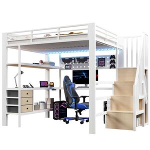 OKWISH PATROVÁ postel 140/200 cm bílá z kovu a MDF se stolkem a LED diodou obraz