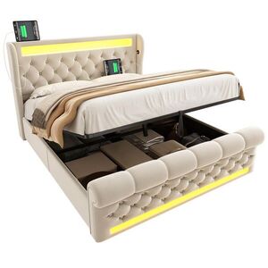 OKWISH ČALOUNĚNÁ postel 140/200 cm béžová ze sametu s LED, úložným prostorem, USB a Type-C obraz