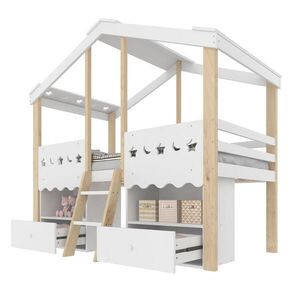 OKWISH PATROVÁ postel 90/200 cm ve tvaru domu se 2 zásuvkami a LED osvětlením v bílé + přírodní barvě obraz