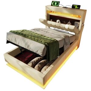 OKWISH ČALOUNĚNÁ postel 90/200 cm béžová ze lnu s LED osvětlením a úložným prostorem obraz