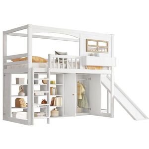 OKWISH PATROVÁ postel 90/200 cm bílá s výsuvnou skříní a šatní skříní z borovice a MDF obraz