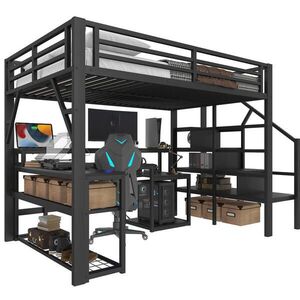 OKWISH VYSOKÁ postel 255/145, 5/170 cm černá s psacím stolem LED osvětlením a USB z kovu a MDF obraz