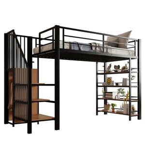 OKWISH VYSOKÁ postel 90/200 cm černá/bílá se schody a úložným prostorem z kovu a MDF obraz