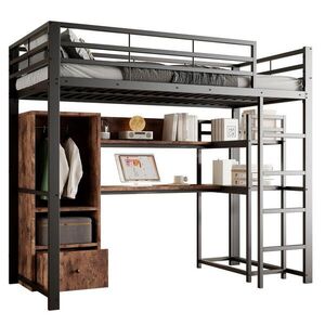 OKWISH VYSOKÁ postel 203/144, 5/174 cm černá s LED osvětlením a stolem z kovu a MDF obraz
