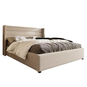 OKWISH ČALOUNĚNÁ postel 160/200 cm béžová z lnu s úložným prostorem a hydraulickým roštem obraz