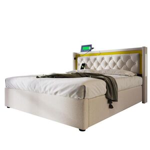 OKWISH ČALOUNĚNÁ postel 140/200 cm světle béžová z bavlny s LED, úložným prostorem a matrací obraz
