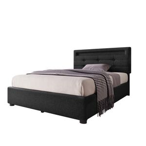 OKWISH ČALOUNĚNÁ postel 90/200 cm černá z lněné tkaniny s LED osvětlením a 2 zásuvkami obraz