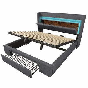 OKWISH ČALOUNĚNÁ postel 180/200 cm šedá z lnu s hydraulickým úložným prostorem, LED a USB-C obraz
