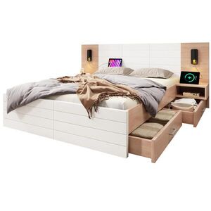 OKWISH DVOULŮŽKOVÁ postel 180/200 cm bílá a světlý dub z masivu a MDF s USB a nočními stolky obraz