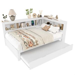 OKWISH DENNÍ postel 140/200 cm bílá z borovice a MDF s výsuvným lůžkem a USB obraz