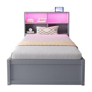 OKWISH MULTIFUNKČNÍ postel 90/200 cm šedá z dřeva s LED osvětlením, zásuvkou a úložným prostorem obraz
