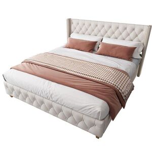 Redom ČALOUNĚNÁ postel 160/200 cm s lamelovým roštem, knoflíkovým prošíváním a kovovými detaily, Béžová obraz
