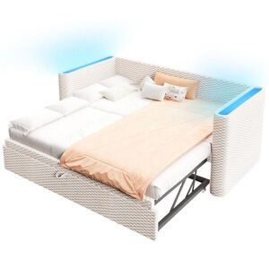 Redom ČALOUNĚNÁ postel 90/200 cm s LED osvětlením a výsuvným lůžkem, sametový potah, Béžová obraz