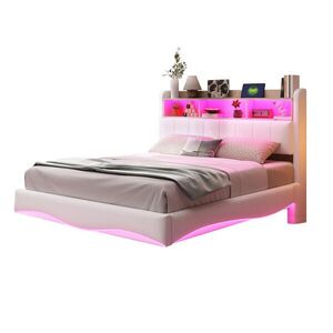 Redom ČALOUNĚNÁ postel 140/200 cm s LED osvětlením, USB a USB-C portem, úložným prostorem a kovovým rámem, Béžová obraz