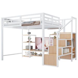 Redom VYSOKÁ postel 140/200 cm s TV stojanem, zásuvkou a bezpečnostním schodištěm, úspora místa a moderní design, Bílá obraz