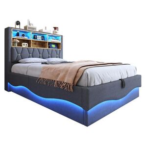 Redom ČALOUNĚNÁ postel 140/200 cm s LED osvětlením, USB portem a hydraulickým úložným prostorem, Šedá obraz