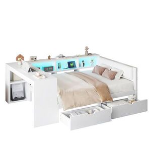 Redom POSTEL 140/200 cm s polstrovaným čelem, odkládacími plochami, zásuvkami, USB a LED osvětlením, Bílá obraz