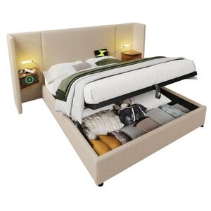 Redom ČALOUNĚNÁ postel 180/200 cm s LED čtecím světlem, USB a Type-C nabíjením, hydraulickým úložným prostorem, Béžová obraz