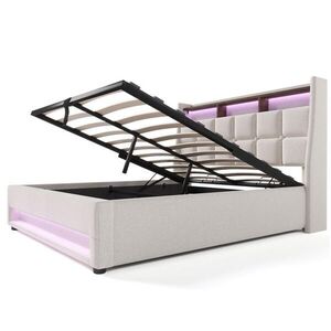 Redom ČALOUNĚNÁ postel 160/200 cm s LED osvětlením, USB portem a úložným prostorem, Světle béžová obraz