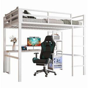 Redom VYSOKÁ postel 140/200 cm s psacím stolem, regály, zásuvkami USB a Type-C, zábradlím a schůdky, Bílá obraz