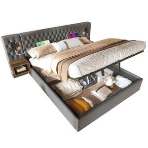 Redom ČALOUNĚNÁ postel 180/200 cm s nočními stolky, čtecími lampami, USB a Type-C, hydraulickým úložným prostorem, Šedá obraz