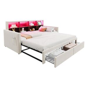 Redom ČALOUNĚNÁ postel 90/190 cm s výsuvným lůžkem, LED osvětlením, USB a úložným čelem, Béžová obraz