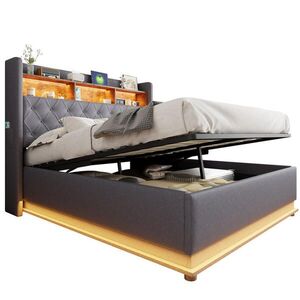 Redom ČALOUNĚNÁ postel 160/200 cm s LED osvětlením, USB portem a hydraulickým úložným prostorem, Šedá obraz
