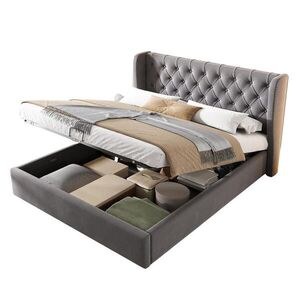Redom ČALOUNĚNÁ postel 140/200 cm s hydraulickým úložným prostorem, lamelovým roštem a Chesterfield designem, Šedá obraz