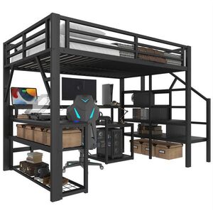 Redom VYSOKÁ postel 140/200 cm s LED osvětlením, USB portem, pracovním stolem a úložným prostorem, Černá obraz