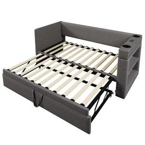 Modfu ČALOUNĚNÁ postel z bavlněného lnu a dřeva 90x190 cm šedá s výsuvným lůžkem, USB a Type-C nabíjením, držáky na nápoje obraz
