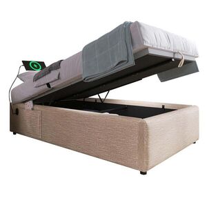Modfu ČALOUNĚNÁ postel z lnu 90x190 cm béžová a přírodní s USB/Type-C, hydraulickým úložným prostorem a plným dnem obraz