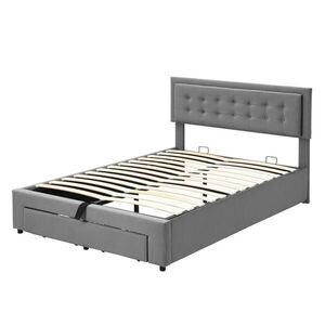Modfu ČALOUNĚNÁ postel ze sametu 140x190 cm šedá s nastavitelným čelem, hydraulickým úložným prostorem a 2 zásuvkami obraz