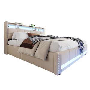 Modfu ČALOUNĚNÁ postel z lněné látky 180x200 cm béžová s LED osvětlením, USB zásuvkou a úložným prostorem obraz