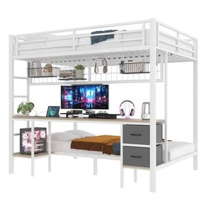 Modfu VYVÝŠENÁ postel z kovu 140x200 cm bílá s psacím stolem, zásuvkami, policemi, LED osvětlením a USB obraz