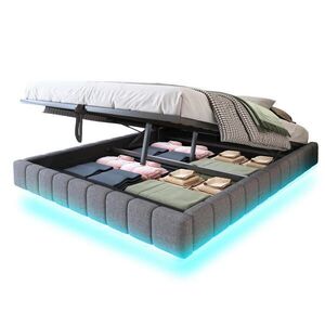 Modfu ČALOUNĚNÁ postel z látky, kovu, překližky a MDF 160x200 cm šedá s LED osvětlením, hydraulickým úložným prostorem a bez čela obraz