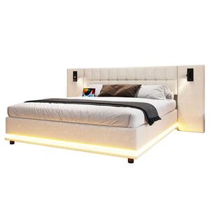 Modfu ČALOUNĚNÁ postel z lnu a MDF 180x200 cm béžová s LED osvětlením, USB a noční lampičkou obraz