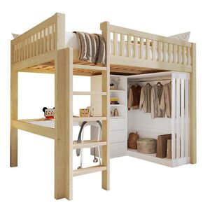 Modfu PATROVÁ postel z borovice a MDF 140x200 cm přírodní s psacím stolem, skříní, 3 zásuvkami, zábradlím a schody obraz