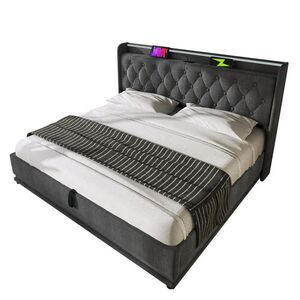 Modfu ČALOUNĚNÁ postel z lnu 160x200 cm šedá s LED osvětlením, USB a úložným prostorem obraz