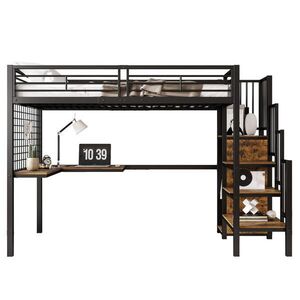 Modfu PATROVÁ postel z kovu a MDF 90x200 cm černá a tmavý ořech s šatní skříní, bočními schody a stolem obraz