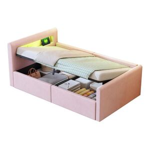 Modfu DĚTSKÁ čalouněná postel z sametu 90x200 cm růžová s LED osvětlením, USB portem a hydraulickým úložným prostorem obraz