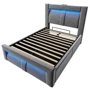 Modfu ČALOUNĚNÁ postel ze sametu 90x200 cm šedá s LED osvětlením, USB a Type-C porty a hydraulickým úložným prostorem obraz