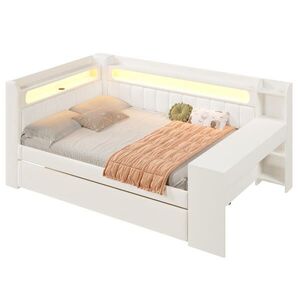 Modfu ČALOUNĚNÁ postel z MDF a překližky 140x200 cm bílá s výsuvným lůžkem, LED osvětlením, USB a psacím stolem obraz