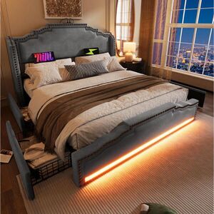 Modfu ČALOUNĚNÁ postel ze sametu 140x200 cm šedá s LED, USB-C, 4 zásuvkami a matrací obraz