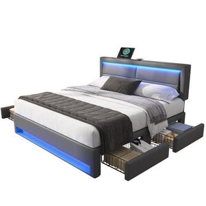 Modfu ČALOUNĚNÁ postel z PU 140x200 cm šedá s USB portem, LED osvětlením a 4 zásuvkami obraz