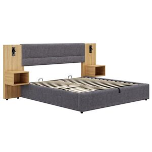 Modfu ČALOUNĚNÁ postel ze sametu 180x200 cm šedá/přírodní s USB, osvětlením, 2 nočními stolky a hydraulickým úložným prostorem obraz