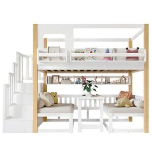 Modfu PATROVÁ postel z masivního dřeva a MDF 90x200 cm bílá a přírodní s výklopným stolem, úložným schodištěm a bezpečnostními zábranami obraz