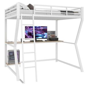 Modfu PATROVÁ postel z kovu a MDF 140x200 cm bílá s LED osvětlením, psacím stolem, schody, USB a zásuvkou obraz