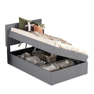 Modfu ČALOUNĚNÁ postel z masivního dřeva a MDF 90x200 cm šedá s úložným prostorem a lamelovým roštem obraz