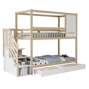 Modfu PATROVÁ postel z masivního dřeva 90x200 cm přírodní dřevo s úložnými zásuvkami, bezpečnostním zábradlím a domečkovým designem obraz