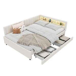 Modfu ČALOUNĚNÁ postel z lnu a MDF 140x200 cm béžová s LED osvětlením, USB+Typ C, šuplíky a odkládacími přihrádkami obraz